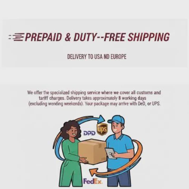 May include: Illustration of a woman in green and a man in blue holding a brown package. The image includes the text "PREPAID & DUTY--FREE SHIPPING" and "DELIVERY TO USA ND EUROPE". Logos for UPS, DPD, and FedEx are also present.