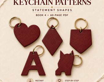 Ensemble de patrons de porte-clés en cuir (PDF) : 5 modèles de porte-clés en cuir avec cœur, losange, lettre A et étiquette chat - Guide de maroquinerie DIY - Téléchargement instantané