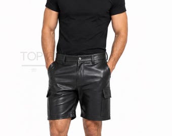 Mens Black Leather Cargo Shorts - Genuine Lambskin Leather Shorts Biker Shorts - Handmade Leather Summer Shorts - S-5XL