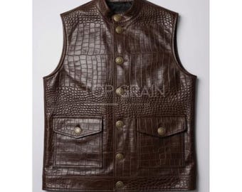 Men's Crocodile Embossed Leather Vest - Handmade Western Biker Gilet