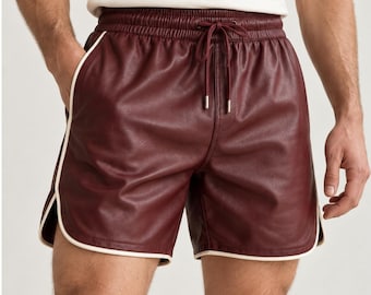 Short en cuir bordeaux pour homme - Short de survêtement rétro à cordon de serrage - Short en cuir à taille élastique - Coupe décontractée streetwear homme
