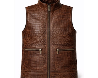 Men's Crocodile Embossed Genuine Leather Vest – Brown Biker Waistcoat Classic Fit