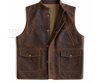 Mens Brown Distressed Leather Vest  - Genuine Cowhide Utility Waistcoat  - Snap Button Vintage Safari Sleeveless Jacket