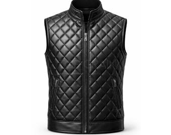 Schwarze gesteppte Herrenlederweste - Slim Fit Bikerweste