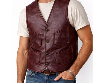 Vintage Button Up Classic Leather Vest-Men’s Burgundy Leather Vest Genuine Leather Waistcoat - Adjustable Back Western Style