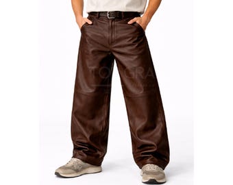 Men’s Dark Brown Leather Pants Wide Leg Baggy Genuine Leather Trousers-Vintage Streetwear Loose Fit High Waist Pants
