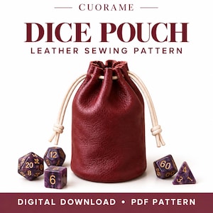 May include: A deep red leather drawstring pouch with light-colored cords, surrounded by four purple polyhedral dice with gold numbers. The text reads CUORAME DICE POUCH LEATHER SEWING PATTERN and DIGITAL DOWNLOAD PDF PATTERN.