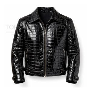 Giacca da uomo in pelle con stampa coccodrillo - Giacca nera in vera pelle con zip, vestibilità classica slim - Cappotto in pelle di lusso con texture immagine 1