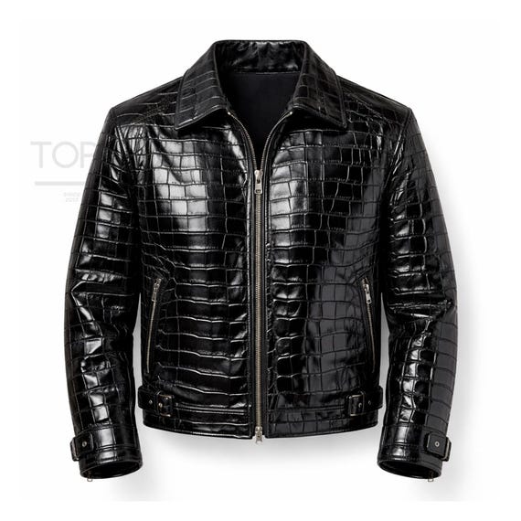 Men Crocodile Embossed Leather Jacket -Black Genuine Leather Zip Jacket Classic Slim Fit -Leather Coat Luxury Textured Jacket