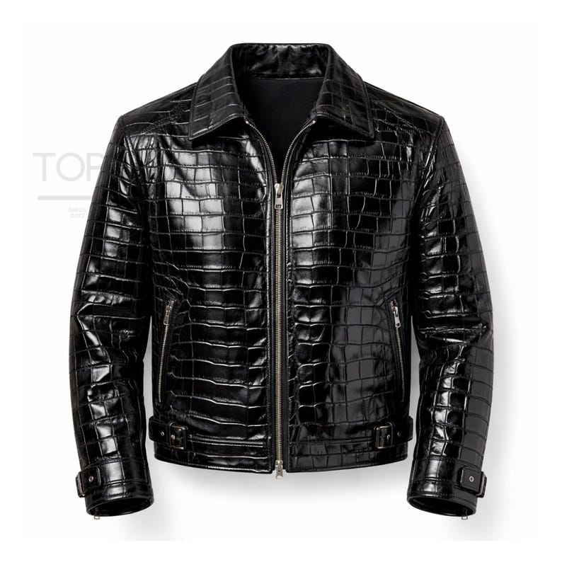 Giacca da uomo in pelle con stampa coccodrillo - Giacca nera in vera pelle con zip, vestibilità classica slim - Cappotto in pelle di lusso con texture immagine 1