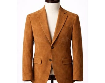 Herren Tan Wildleder Blazer-Echte Lederjacke-Western Style Slim Fit Handgefertigte Ledermantel-Geschenk für Ihn