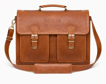Personalized Leather Briefcase - Mens Leather Laptop Bag - Custom Engraved Messenger Bag - Handmade Satchel Gift For Him -  Work Office Bag