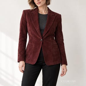 Womens Burgundy Suede Leather Blazer - Fitted Wine Red Jacket - Single Button Tailored Blazer- Notch Lapel Office Jacket - Smart Casual Wear