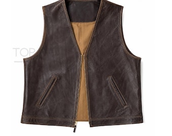 Mens Brown Distressed Leather Vest - Genuine Cowhide Leather Zip Up Waistcoat V- intage Biker Sleeveless Jacket Rustic Handmade Gift
