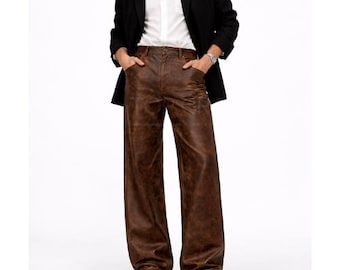 Mens Brown Distressed Leather Pants Wide Leg Vintage Style Cowhide Leather Trousers High Waisted Retro Statement Fashion