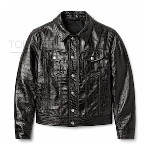 Giacca da camionista da uomo in pelle con stampa coccodrillo - Giacca nera in vera pelle con bottoni, cappotto classico in pelle testurizzata stile western