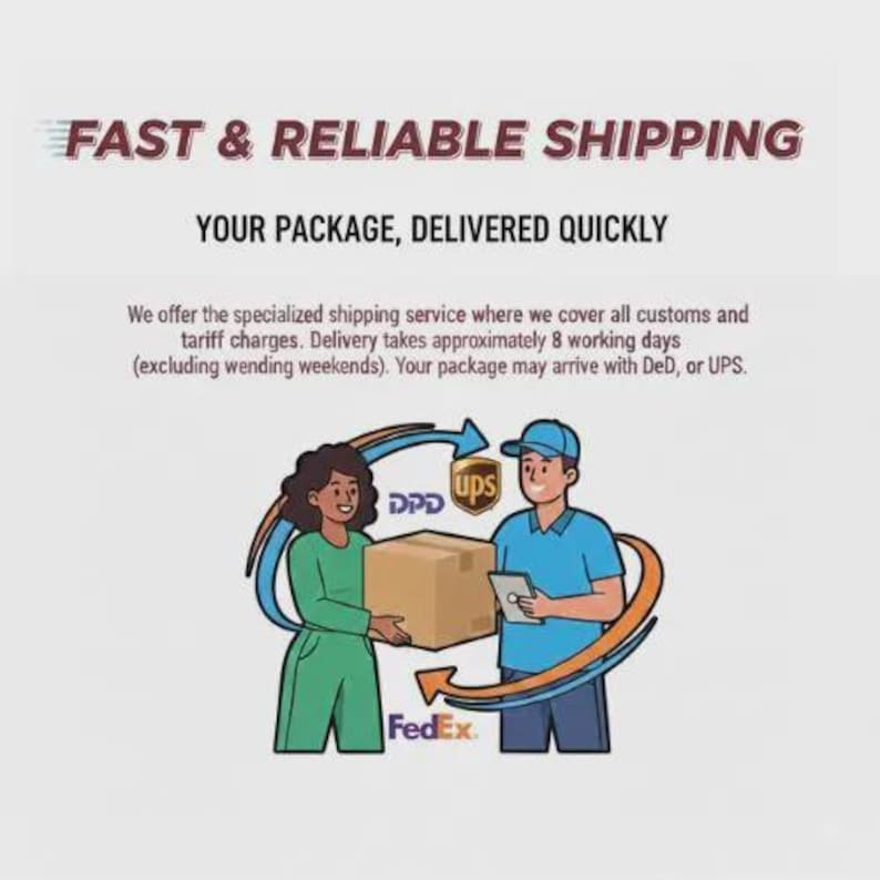 May include: Illustration of a woman in green and a man in blue holding a cardboard box. The text reads "FAST & RELIABLE SHIPPING" and "YOUR PACKAGE, DELIVERED QUICKLY". Logos for UPS, DPD, and FedEx are also present.