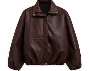 Übergroße braune Leder Bomberjacke - Damen Vintage Style Mantel