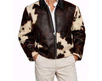 Cowhide Leather Jacket Men - Hair On Cow Skin Jacket - Brown White Western Coat - Genuine Leather Trucker Jacket - Rustic Ranch Style Jacket