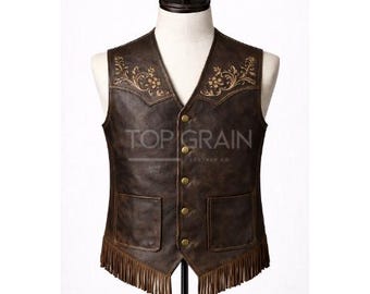 Bestickte Lederfransenweste für Herren-Western Cowboy Style Boho Weste-Handgefertigte Bikerweste mit Blumenstickerei