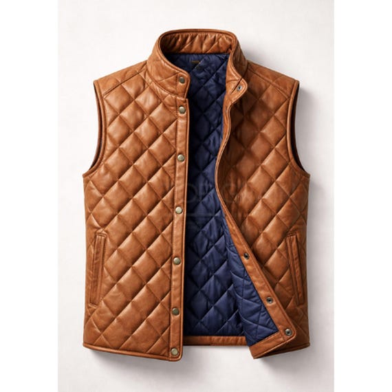 Mens Tan Quilted Leather Vest - Vintage Biker Waistcoat