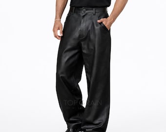 Wide-Leg Black Leather Pants In Genuine Cowhide – Relaxed Minimalist Trousers Designed For Modern Street wear
