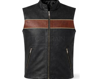 Herren Schwarz Leder Biker Weste - Vintage Stripe Rider Style