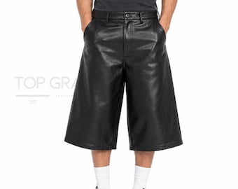Mens Black Leather Culotte Shorts Wide Leg Leather Shorts - Genuine Lambskin Baggy Streetwear -Handmade Custom S-5XL