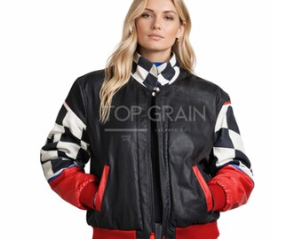 Retro Racing Lederjacke, Farbblock Moto Bomber, Streetwear Mantel