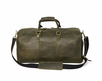 Leather Duffle Bag for Men – Olive Green Carry On Travel Weekender-Overnight Gym Bag with Shoe Pocket