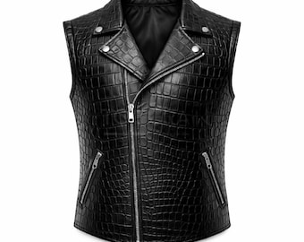 Men's Black Crocodile Embossed Genuine Leather Biker Vest – Moto Style Slim Fit Waistcoat