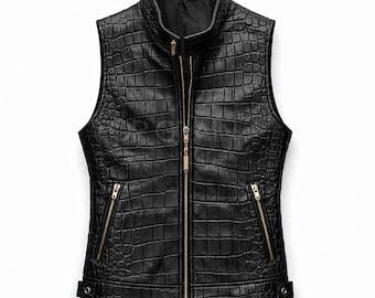 Black Crocodile Embossed Leather Vest Mens Biker Waistcoat Genuine Cowhide Motorcycle Vest Zip Up Black Leather Gilet Custom Fit Gift