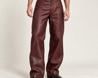 Pantalon en cuir de vachette bordeaux pour homme - Pantalon large couleur lie-de-vin - Pantalon motard ample - Style streetwear punk gothique - Idée cadeau pour lui
