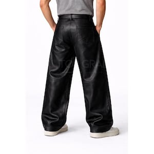 Men’s Black Leather Pants Wide Leg Baggy Genuine Leather Trousers-Streetwear Loose Fit Vintage Style High Waist Pants image 8