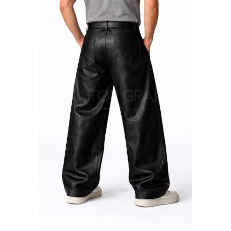 Men’s Black Leather Pants Wide Leg Baggy Genuine Leather Trousers-Streetwear Loose Fit Vintage Style High Waist Pants image 8