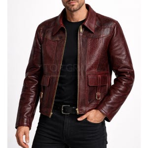 Giacca in pelle vintage bordeaux da uomo, giacca in pelle di vacchetta effetto invecchiato, cappotto in pelle stile biker retrò, giacca in pelle classica con cerniera, regalo fatto a mano