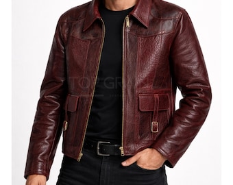 Burgundy Vintage Leather Jacket Mens Distressed Cowhide Jacket Retro Biker Leather Coat Handmade Classic Zip Up Leather Jacket Gift