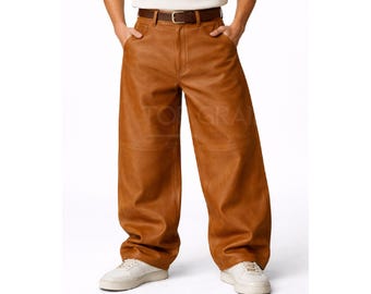 Men’s Brown Leather Pants Wide Leg Baggy Genuine Leather Trousers-Streetwear Loose Fit Vintage Style High Waist Statement Pants