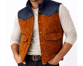 Men’s Two Tone Leather Vest Western Style Tan Brown Navy Leather Vest Snap Button Cowboy Puffer Vest Vintage Ranch Wear