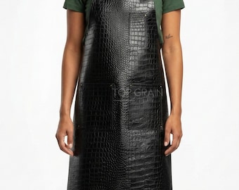 Black Crocodile Embossed Leather Apron- Chef & Woodworking Apron
