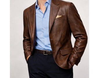 Mens Brown Leather Blazer-Genuine Leather Sport Coat Jacket-Vintage Leather Suit Jacket-Classic Tailored Leather Blazer Coat