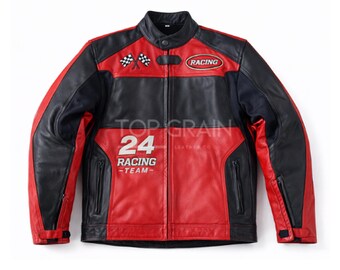Herren Red & Black Leder Racing Jacke - Bestickter Moto Biker Mantel
