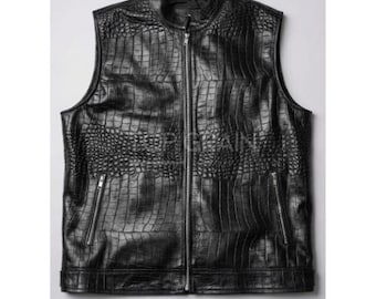 Custom Crocodile Embossed Leather Vest-Premium Black alligator Textured Biker Gilet- Luxury Leather Waistcoat