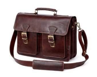 Vintage Leather Briefcase Men-Brown Leather Laptop Bag 16"-Genuine Leather Messenger Bag-Office Satchel-Handmade Work Bag Gift