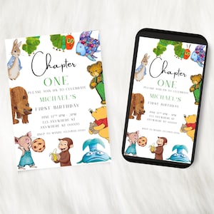 May include: A birthday invitation with the text "Chapter One" and "Michael's First Birthday." The invitation features watercolor illustrations of storybook characters, including a bear, rabbit, and fish. The invitation is shown on a white background and a smartphone.