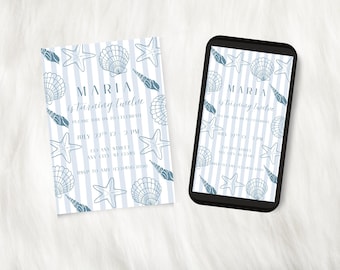 Coastal Birthday Invitation Template | Coastal Party | Seashell Invite | Beach Birthday Party | Blue Stripes Invitation | Digital Download
