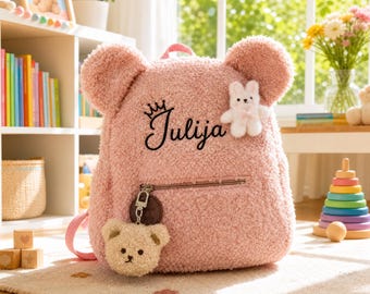 Mochila personalizada con osito de peluche, mochila de peluche con nombre personalizado, mochila personalizada para niños pequeños, lindo regalo preescolar para niñas y niños.
