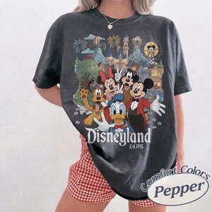 Pu&ograve; includere: Una t-shirt grigio antracite a maniche corte con una grafica colorata di Topolino, Minni, Paperino, Pippo e Pluto davanti a un castello con fuochi d'artificio. Il testo Disneyland Est. 1955 &egrave; stampato in bianco sotto i personaggi.