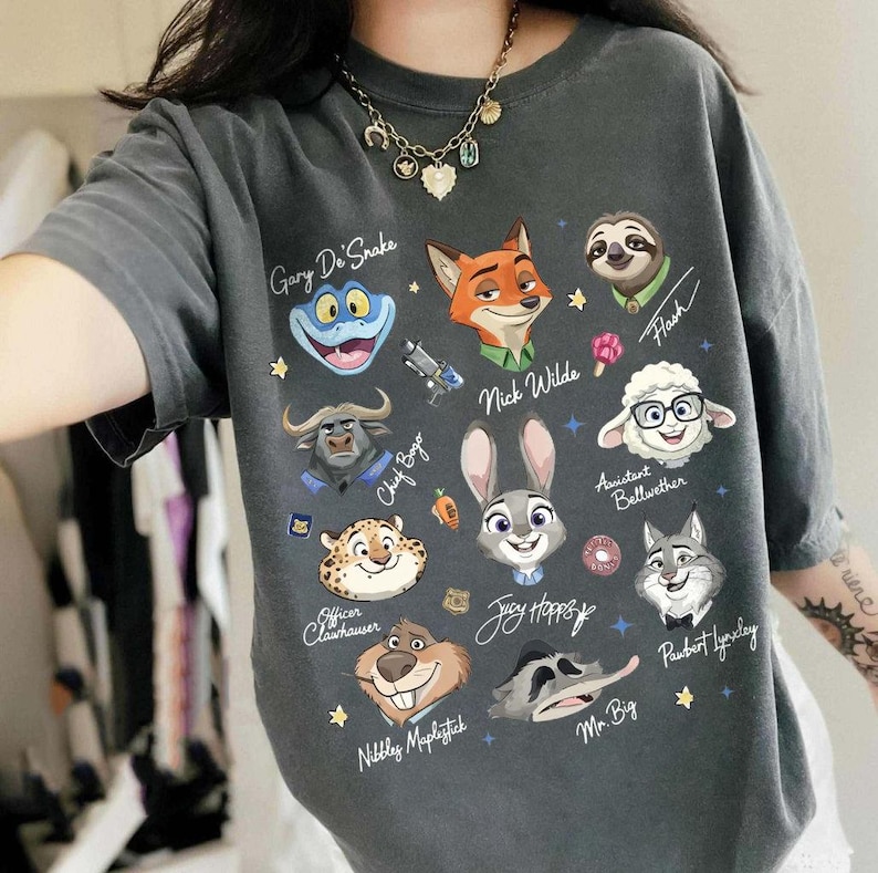 Retro Disney Zootopia Characters Signature sketch T-Shirt, Disneyland Family Matching Tee, Zootropolis Judy Hopps Nick Gary Nibbles Bogo Tee image 3