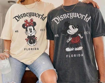 Camiseta retro de Minnie y Mickey Mouse para parejas, camiseta de viaje familiar a Florida de Disneyworld (est. 1971), vacaciones de marido y mujer en Disney.